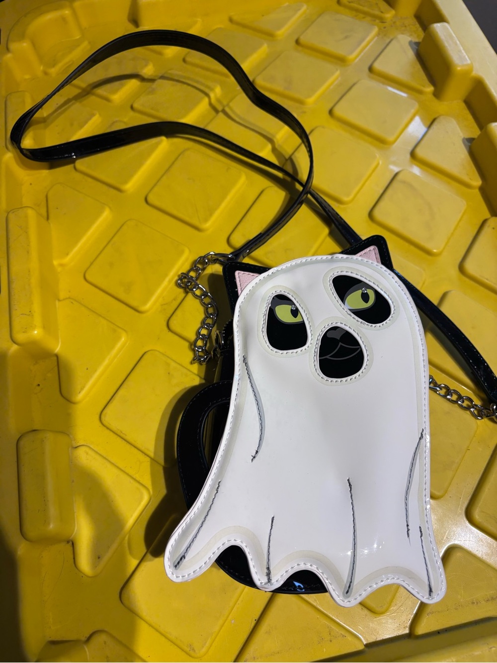 Betsey Johnson White Ghost Cat Crossbody with Black Strap